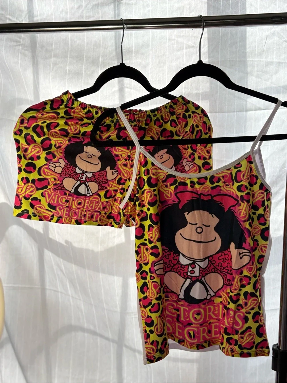 Victoria's Secret Neon Yellow Pink Black Mafalda Tank & Shorts Set